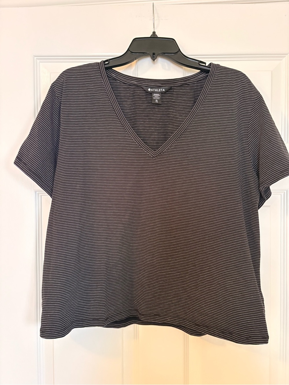 Athleta Black & White Narrow Stripe V-Neck Tee